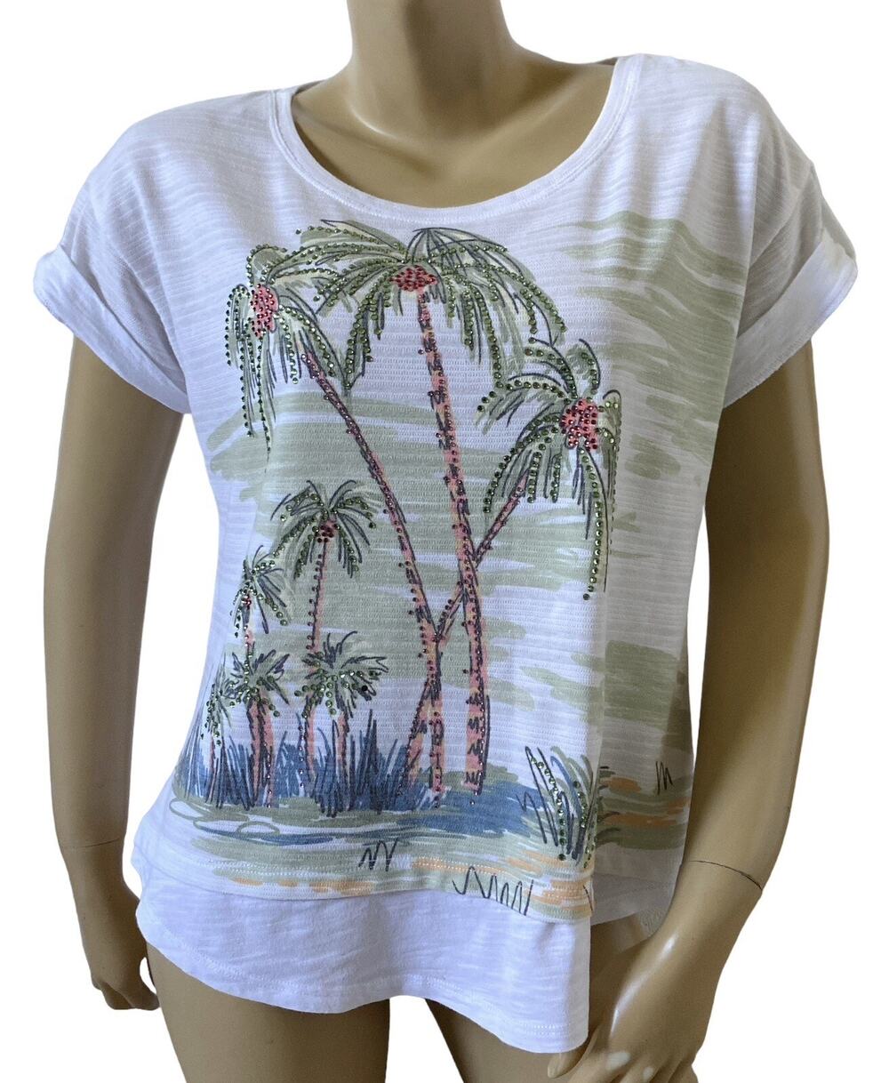 Thomas & Olivia T Shirt Petite PL Tropical Palm Tree Rhinestone White Casual